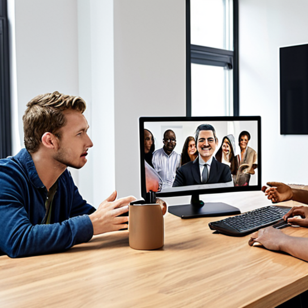 **Image Prompt:** A diverse group of people from different cultural backgrounds are collaborating on a project, using technology like video conferencing and online collaboration tools. The setting should represent a modern, global workspace. Emphasis on understanding, respect, and active listening in their communication.