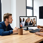 **Image Prompt:** A diverse group of people from different cultural backgrounds are collaborating on a project, using technology like video conferencing and online collaboration tools. The setting should represent a modern, global workspace. Emphasis on understanding, respect, and active listening in their communication.