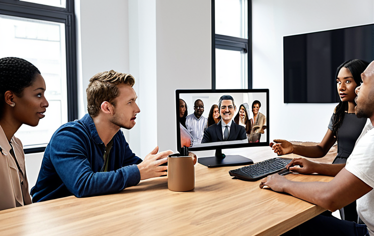 **Image Prompt:** A diverse group of people from different cultural backgrounds are collaborating on a project, using technology like video conferencing and online collaboration tools. The setting should represent a modern, global workspace. Emphasis on understanding, respect, and active listening in their communication.
