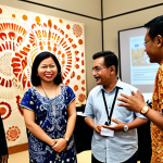 **

"A diverse group of professionals at an international conference in Kuala Lumpur, engaging in a lively discussion about global communication strategies. Focus on the exchange of ideas and multicultural collaboration. Include Malaysian batik motifs in the background."

**