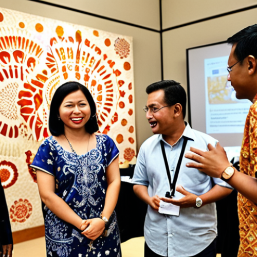Home 6 **
"A diverse group of professionals at an international conference in Kuala Lumpur, engaging in a lively discussion about global communication strategies. Focus on the exchange of ideas and multicultural collaboration. Include Malaysian batik motifs in the background."
**