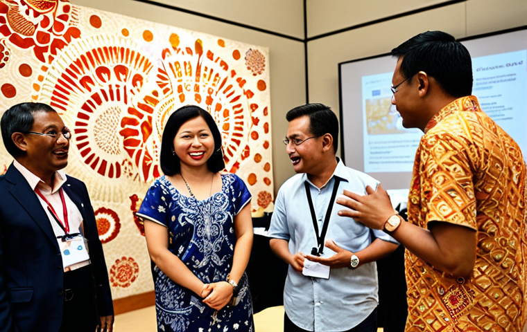 **
"A diverse group of professionals at an international conference in Kuala Lumpur, engaging in a lively discussion about global communication strategies. Focus on the exchange of ideas and multicultural collaboration. Include Malaysian batik motifs in the background."
**